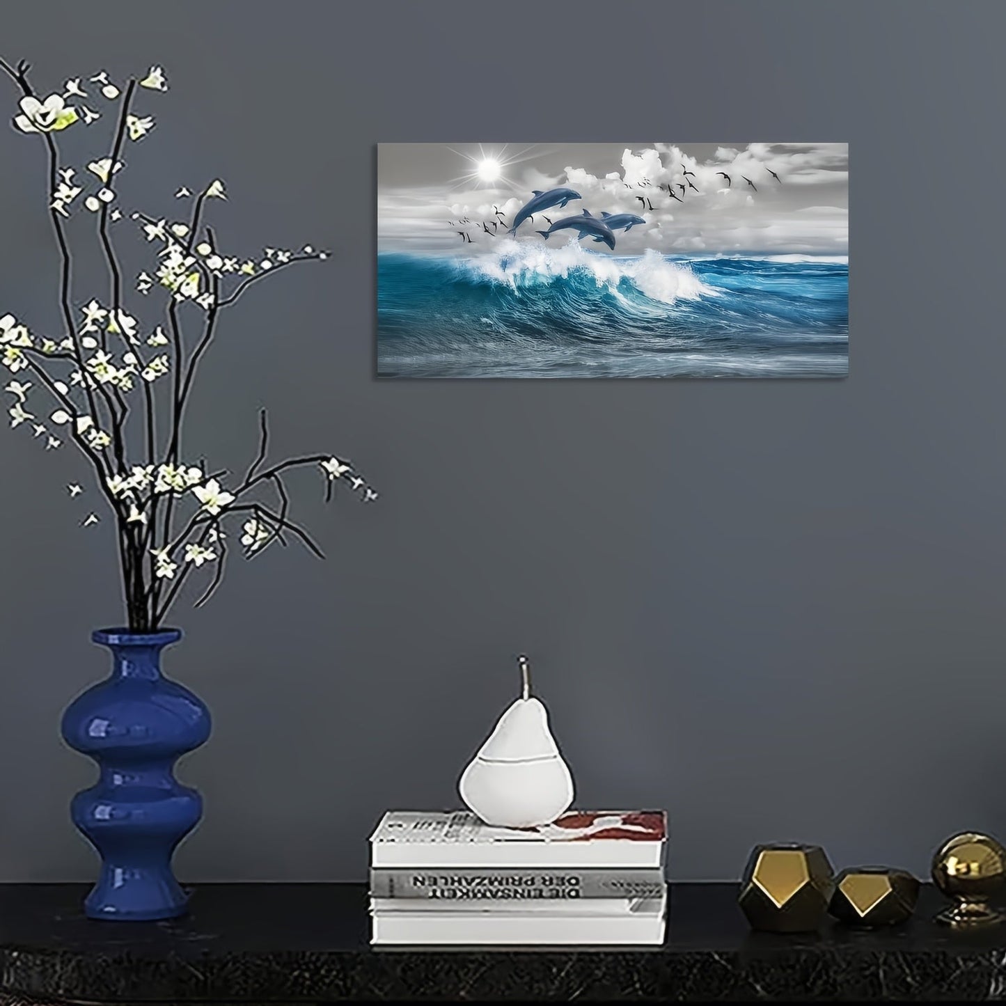 Canvas wall decoration for living room or bedroom featuring a modern blue wave design with dolphins. This large canvas art print measures 12 x 24 inches (30.64 x 60.96 cm) and comes frameless for a sleek and contemporary look. Perfect for adding a touch