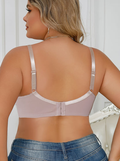 Women's Plus Size Simple Bra with Floral Lace, Medium Stretch, and Bow Detail