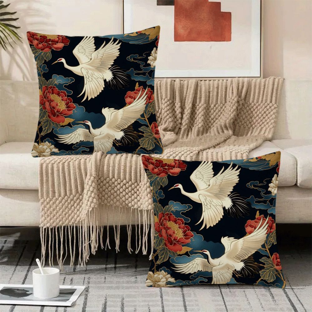 Elevate your home décor with this 2-pack of modern floral and cranes design short plush pillow covers, measuring 45.72x45.72 cm each. These zippered cushion cases are made from machine washable flannel fabric, perfect for all seasons. Add a touch of