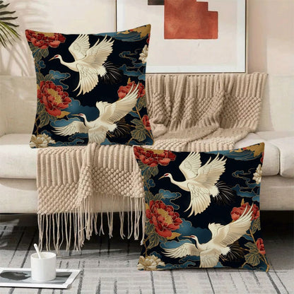 Elevate your home décor with this 2-pack of modern floral and cranes design short plush pillow covers, measuring 45.72x45.72 cm each. These zippered cushion cases are made from machine washable flannel fabric, perfect for all seasons. Add a touch of