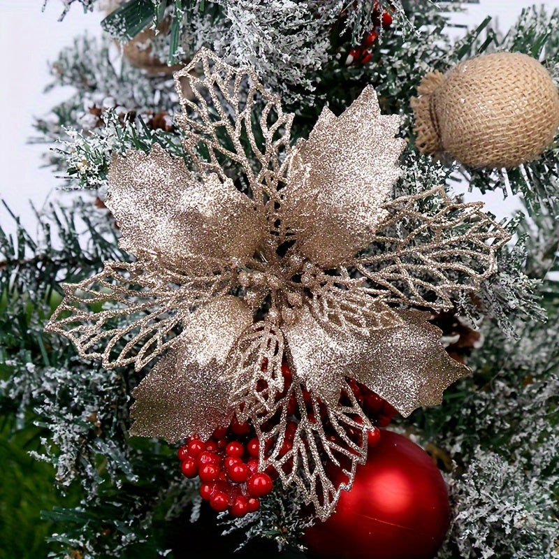 10 artificial Christmas flowers, 9cm/3.54in, glitter tree ornaments made of polyester and plastic. Suitable for home, kitchen, parties, and First Communion. No power required, festive holiday decoration.