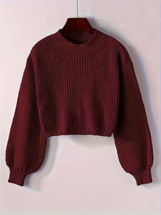 Solid color crew neck knit sweater, casual long sleeve crop pullover for fall & winter, women's clothing.