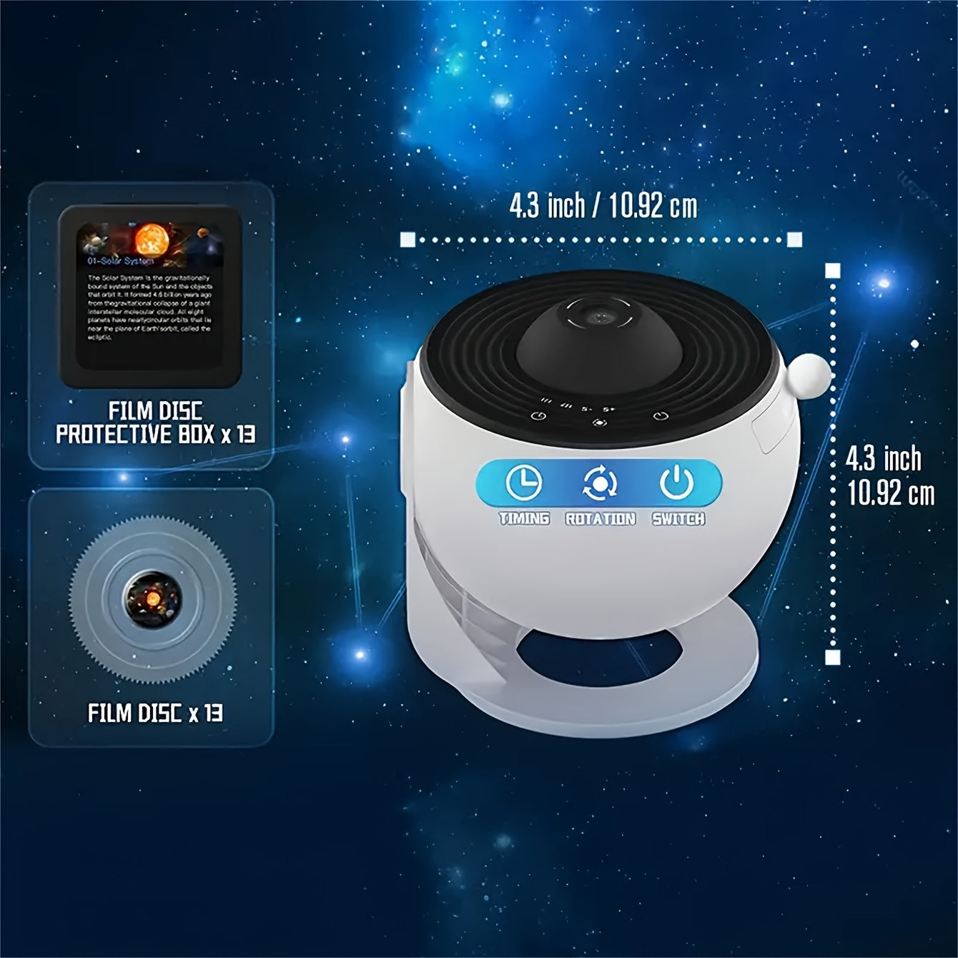 Projection lamp with starry sky galaxy design, USB powered, rotates 1.5-5 meters, includes 12 high-definition slides. Perfect for bedroom, living room, or e-sports room. Ideal festival or