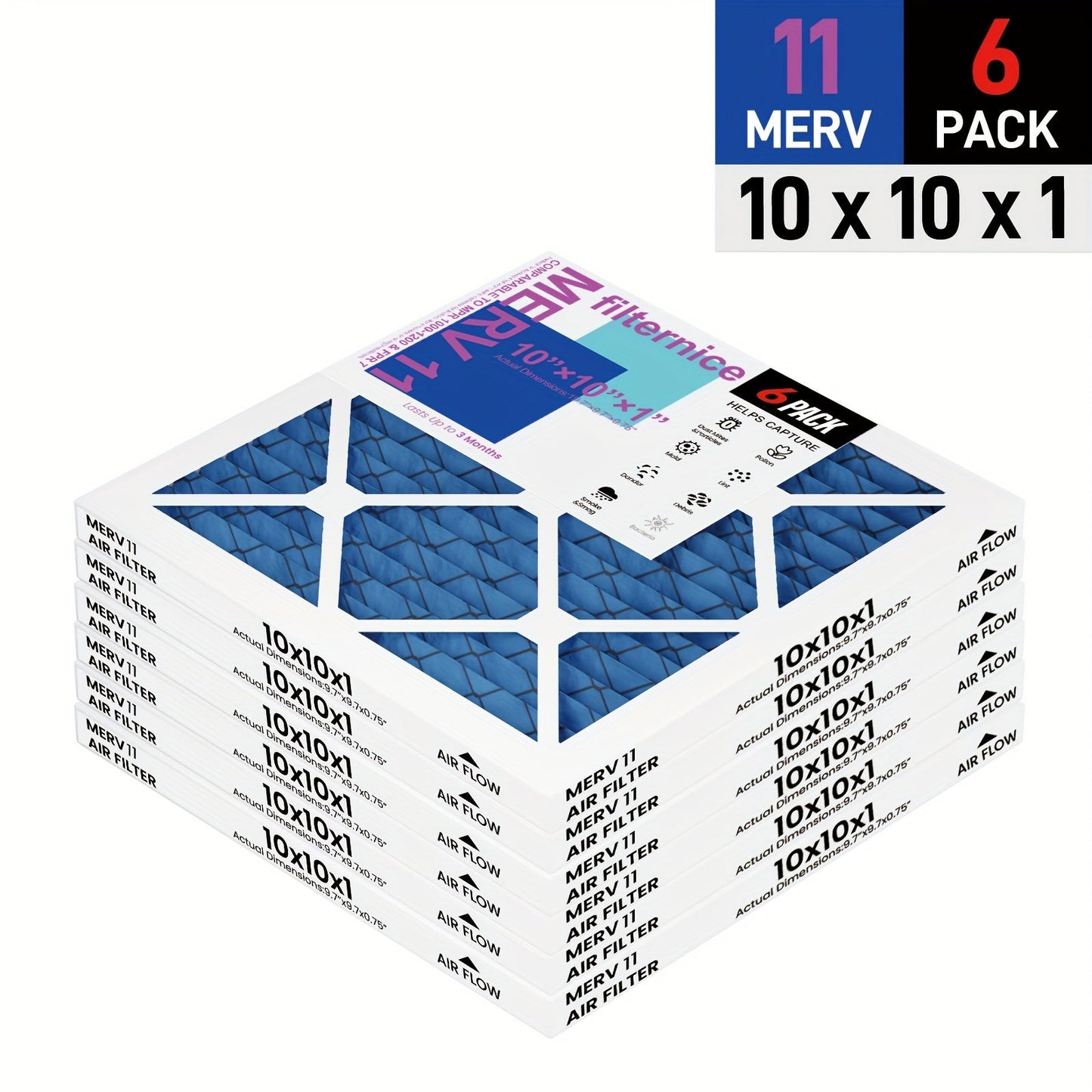 Six MERV8/MERV11/MERV13 Pleated Air Filters, 25.4x25.4 cm - Ideal for Air Conditioning and Furnace Systems, Safe for Homes with Pets, Provides High Efficiency Filtration