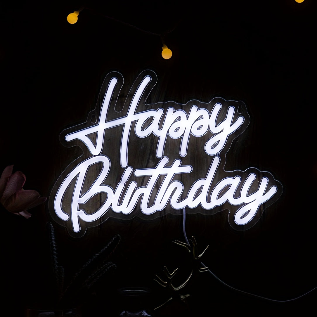 Happy Birthday Neon Sign; USB-powered plastic wall light with switch control, perfect for birthday party decor.