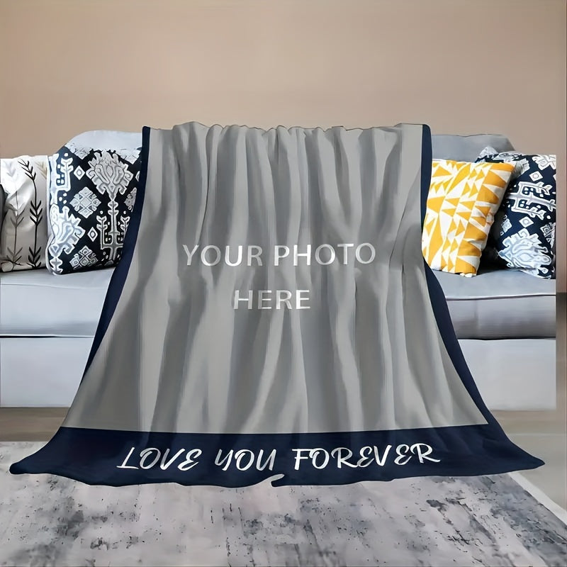 Personalized Throw Blanket with Custom "Love You Forever" Photo - Modern Digital Print, Flannel Weaving, Knitted Craft, All-Season Polyester Fleece, Perfect for Couples Gift, Mother's Day, Father's Day - 1 Piece