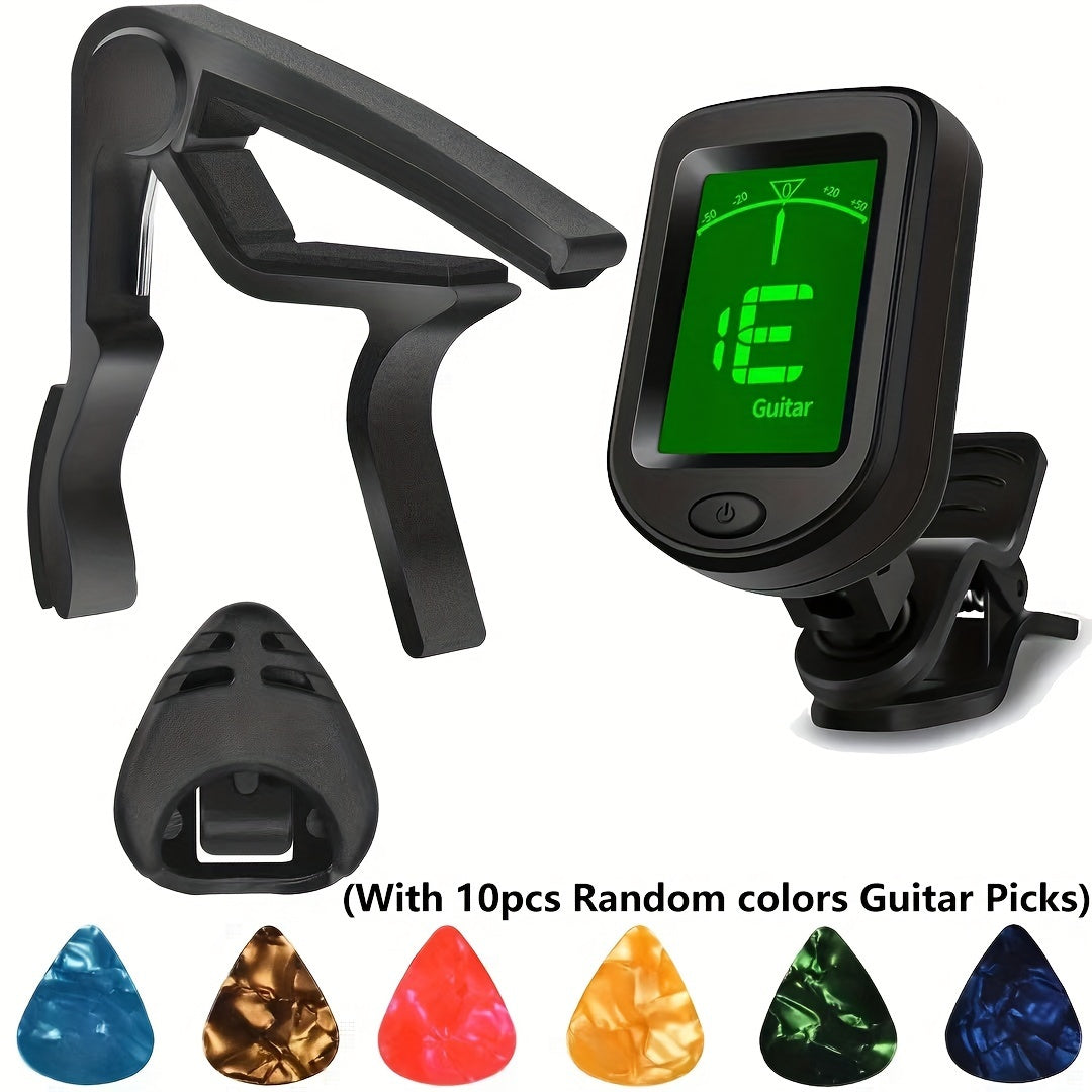 13pcs/Set, includes Guitar Beginner Accessories Set with premium Guitar Capo, Tuner, 10 Free Plectrums, Plectrum Holder. Perfect for fast, accurate tuning on any guitar.