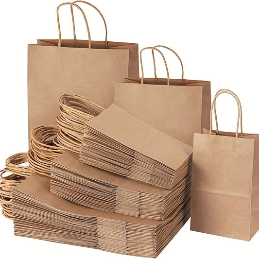 Durable 100pcs of Brown Kraft Paper Bags with Twine Handles - High-Quality, Recyclable Shopping & Gift Bags for Small Businesses, Retail, Grocery, Boutiques | Sturdy Uncoated Design