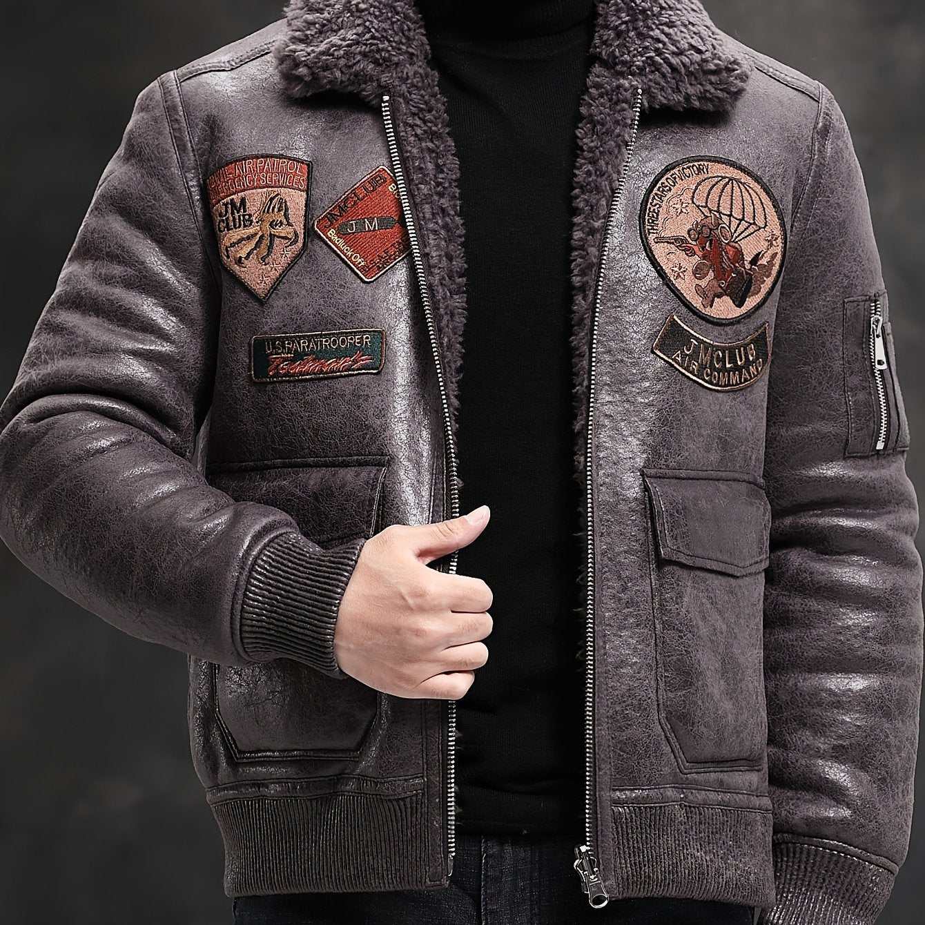 Men's Faux Fur Lined Biker Jacket with Air Force Style Applique, Polyester Knit Fabric, Solid Lapel Collar, Zipper Closure, Regular Fit for Daily & Golf - Fall/Winter Collection