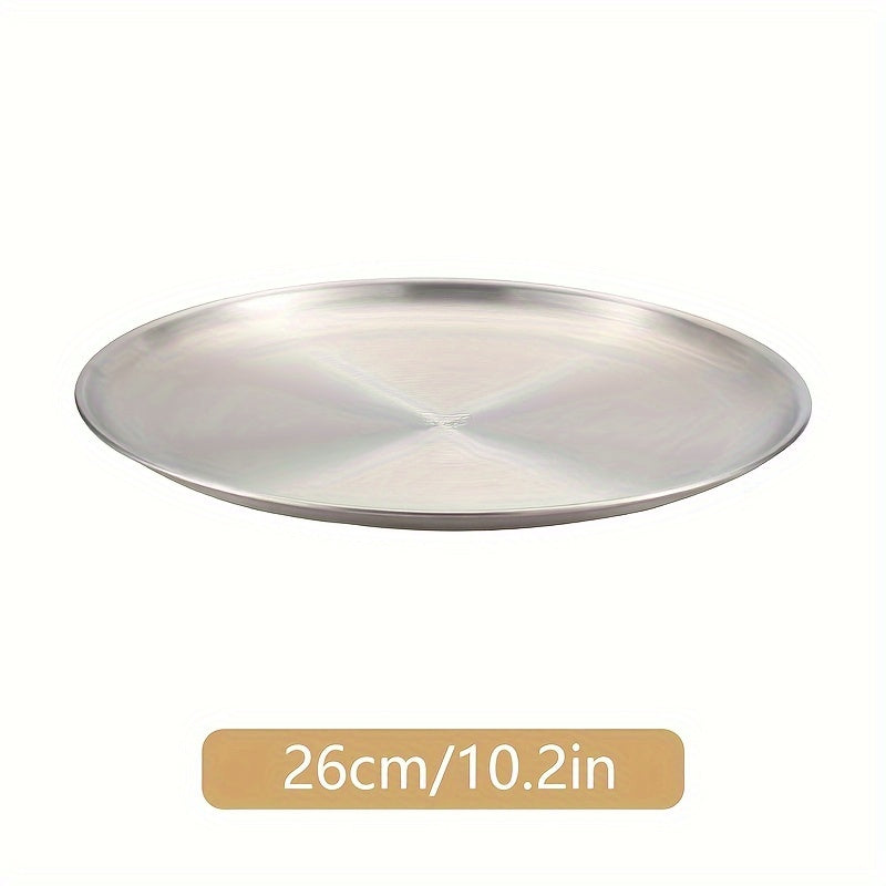 1pc Stainless Steel Dinner Plate for kitchen, restaurant, party use. Can be used as a fruit plate, meat plate, cake plate, dessert plate, or round plate.