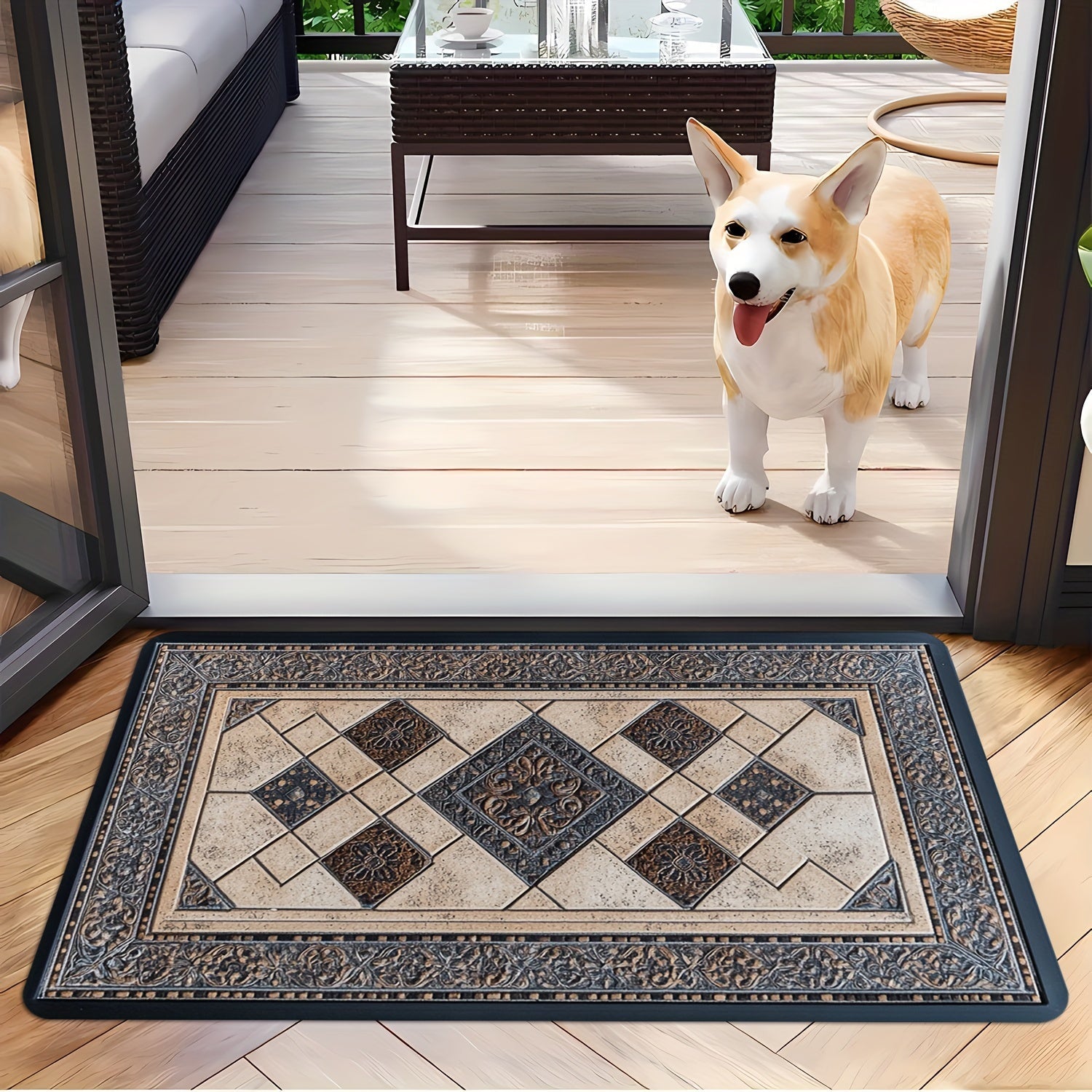 Decorate your home with a machine washable decorative doormat featuring a non-slip bottom for added safety. This quick-dry and absorbent indoor/outdoor welcome mat is made of stain-resistant polyester knit with a medium pile, perfect for use in the