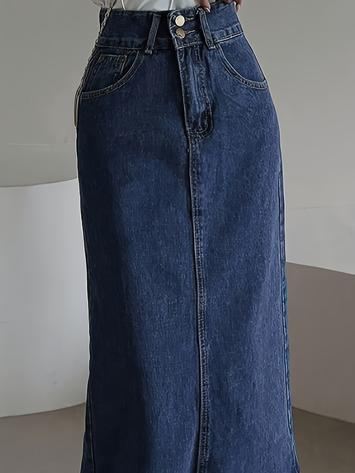 Dark washed maxi denim skirt with retro style and split back hem for women