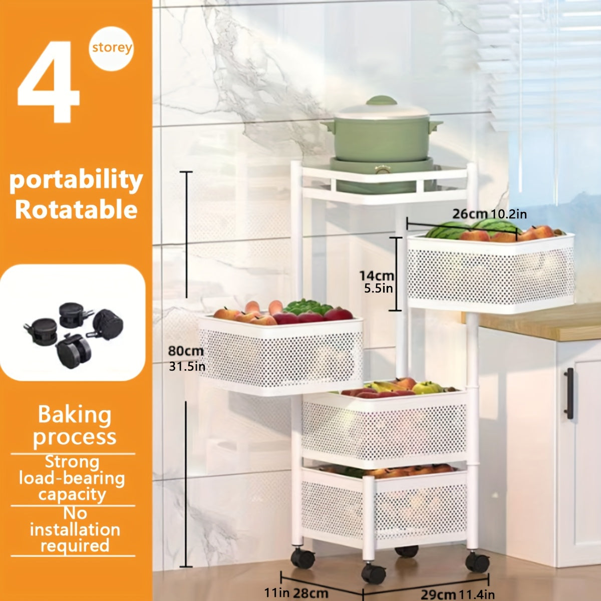 Square 4-tier metal rotating storage rack on wheels for kitchen and bathroom. Golden tube frame, pre-assembled for convenience.