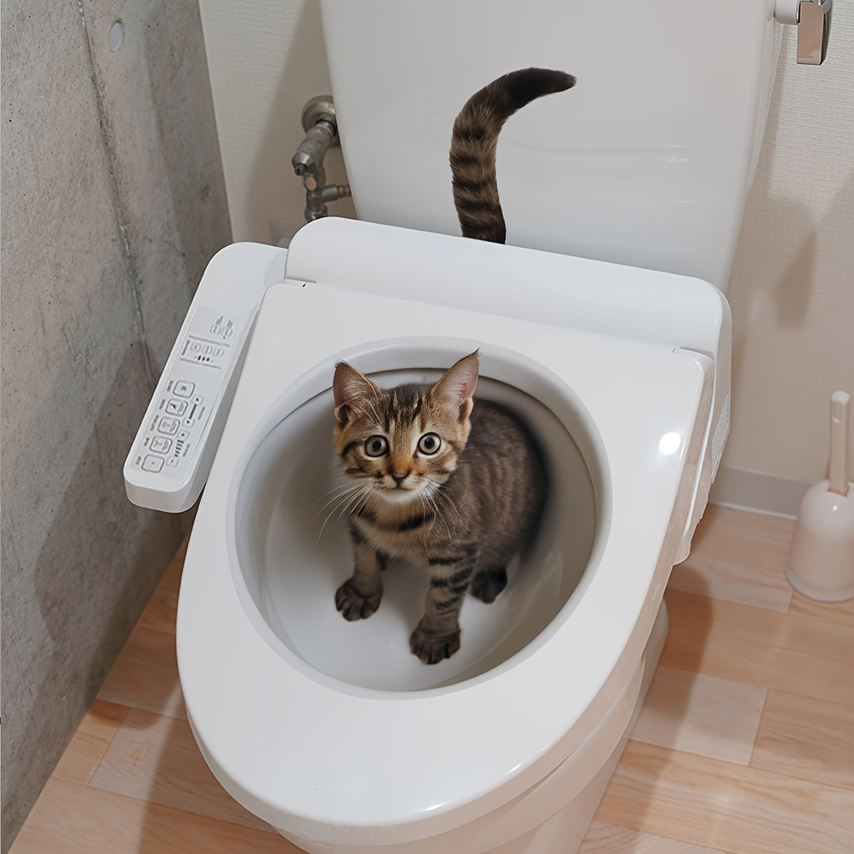 3D cat toilet lid decal with animal print, self-adhesive PVC, plastic surface, for bathroom decoration.