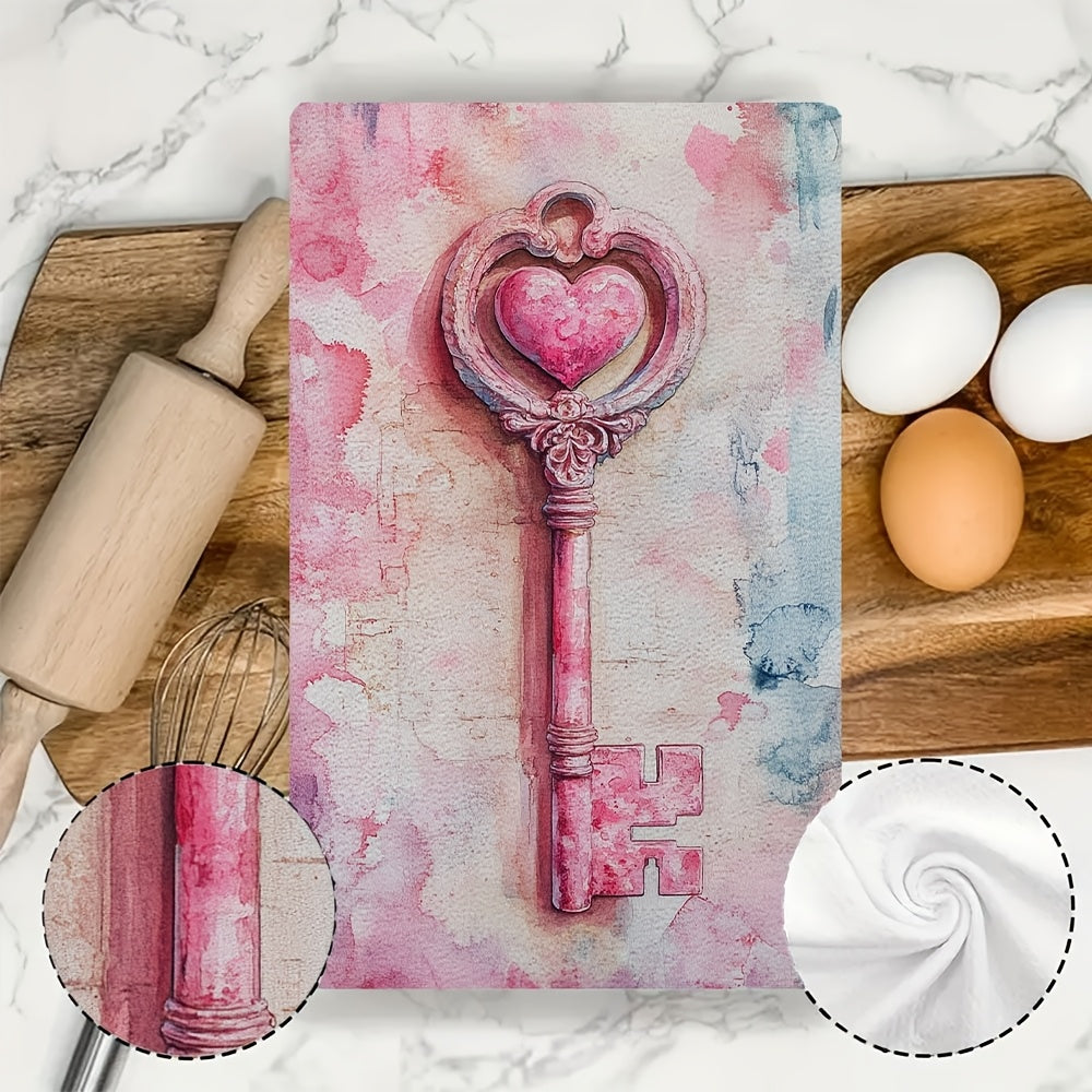 Valentine's Key Design Kitchen Towels, 2-Pack, Made from Ultra Soft Polyester, High Absorbency, Easy to Clean in Washing Machine, Size 40.64x60.96 cm, Modern Rectangular Dish Hand Towels Perfect for Coastal Holiday Decoration