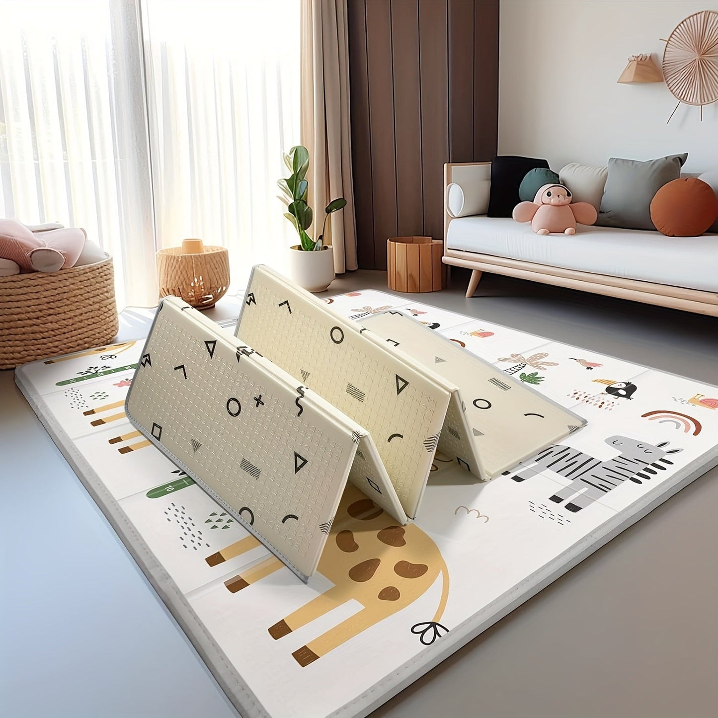 This reversible giraffe and geometric play mat is designed for youngsters, measuring 127.0x127.0 cm. It is waterproof, made of thick foam for safety, and can be easily folded and carried. This portable floor mat is perfect for both toddlers and young