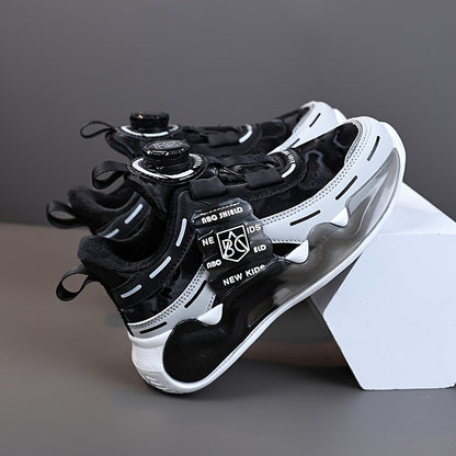 Trendy high top basketball shoes for boys with rotating buckle, non-slip, shock-absorbing soles for outdoor activities.