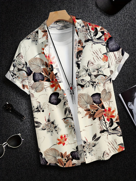 Men's casual short sleeve shirt with leaf print, made of breathable polyester, button-up style, ideal for vacation and casual wear.