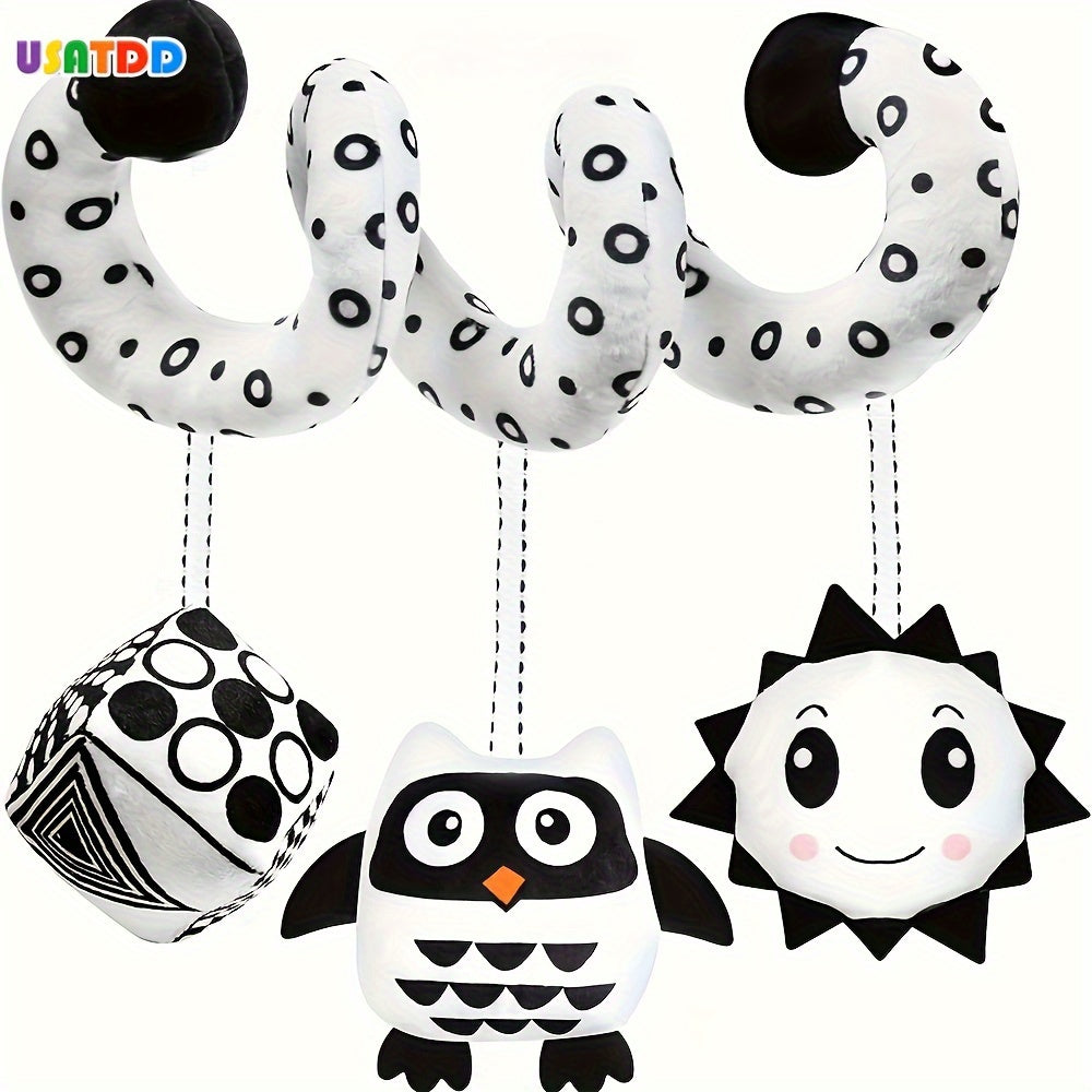 Newborn plush activity toy for bed, bassinet, crib, or baby carrier. This black and white high contrast spiral hanging stroller and car seat toy is perfect for stimulating your baby's developing senses. Great as a gift for new parents.