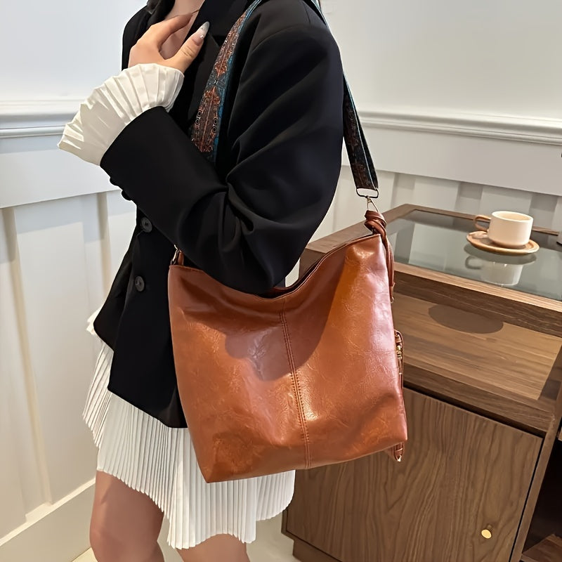 Chic 2024 Summer Fashion Bucket Bag for Elegant Ladies, Dark Brown/Black with Wide Shoulder Strap and Zipper Closure, Polyester Lined