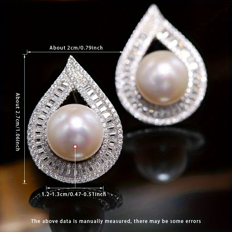 Elegant Vintage Freshwater Pearl Stud Earrings with Peacock Feather Design - Made of Natural Stone, 925 Sterling Silver, June Birthstone, No Plating, Sparkling Zirconia Inlay, Large 12-13mm Round Pearl, Perfect for Daily Wear and Gifting, Comes in a