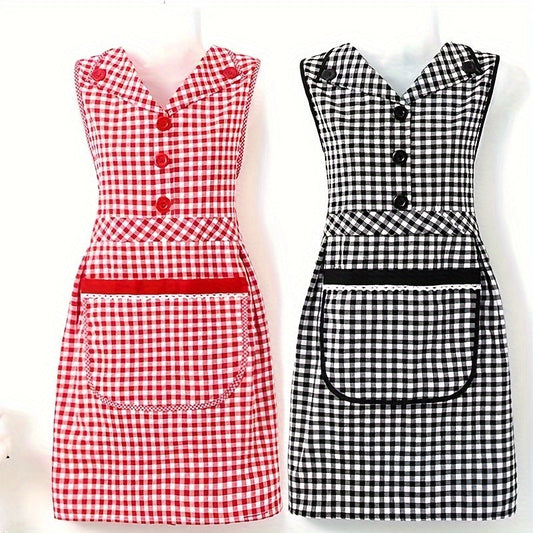 Classic Plaid Cotton Kitchen Apron with Front Pocket, V-Neck Knitted Fabric Sleeveless Cooking Dress Style Apron featuring Adjustable Tie, Fashionable Chef Apron for Women made from Cotton Polyester Blend