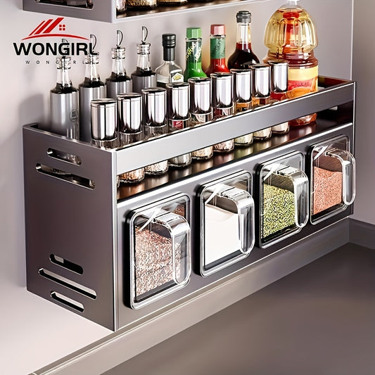 Wall-Mounted Spice Organizer Set with Seasoning Containers & Canisters, Aluminum Material, No-Drill Installation