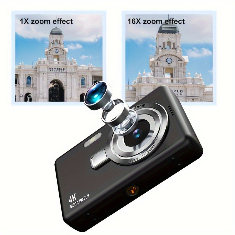 FHD 1080P vlog camera with auto-focus, 12 MP, 16x digital zoom, 2.4-inch TFT screen, portable for students.