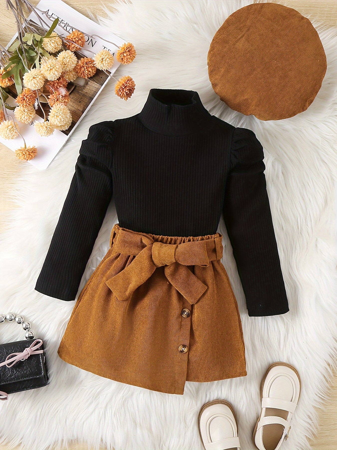 Young Girl High Leader 3pcs Set: Crotch T-shirt, Corduroy Belt Skirt, Hat