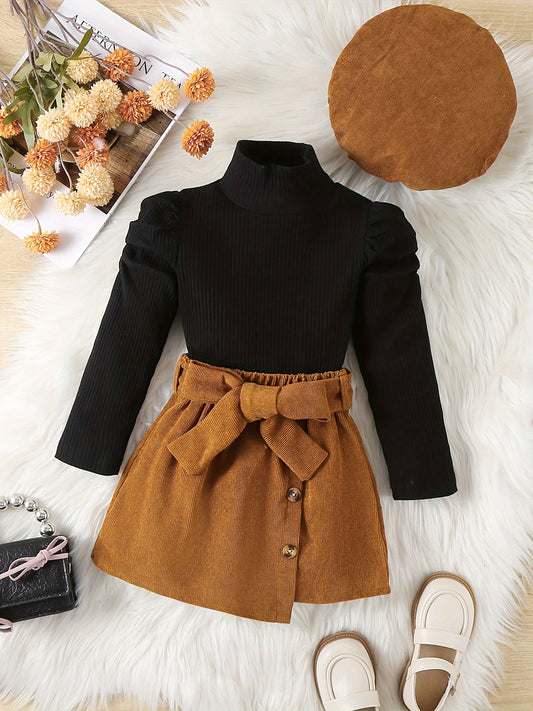 Young Girl High Leader 3pcs Set: Crotch T-shirt, Corduroy Belt Skirt, Hat