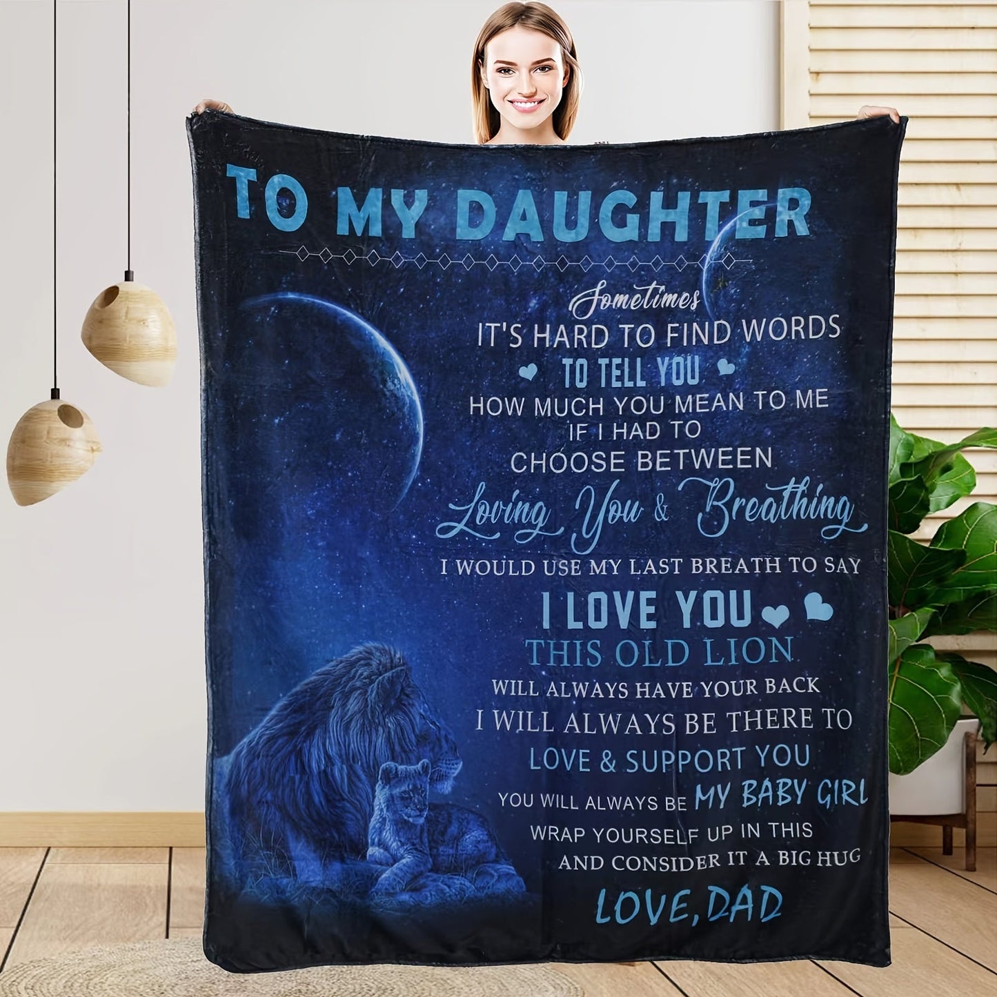 Ultra soft and cozy flannel throw blanket featuring a contemporary lion dad design, perfect for bed or sofa. Ideal for a birthday, Christmas, or Thanksgiving gift for my daughter.