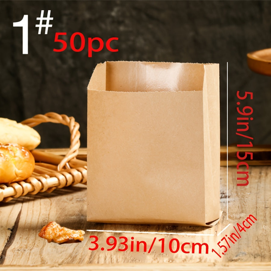 50-count of disposable brown kraft paper bags with fold-top design, perfect for packaging food and vegetables, candy, lunch items, bakery goods such as cookies and bread, and fruits at grocery stores or fruit markets.