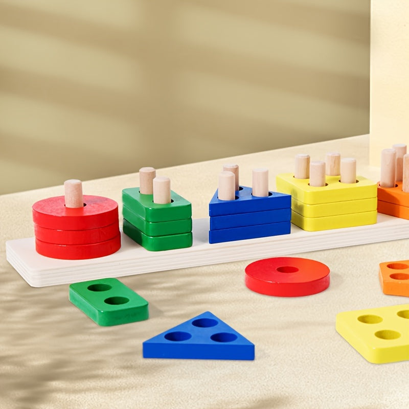 Educational wooden puzzle toy with colorful blocks for shape recognition and cognitive development.