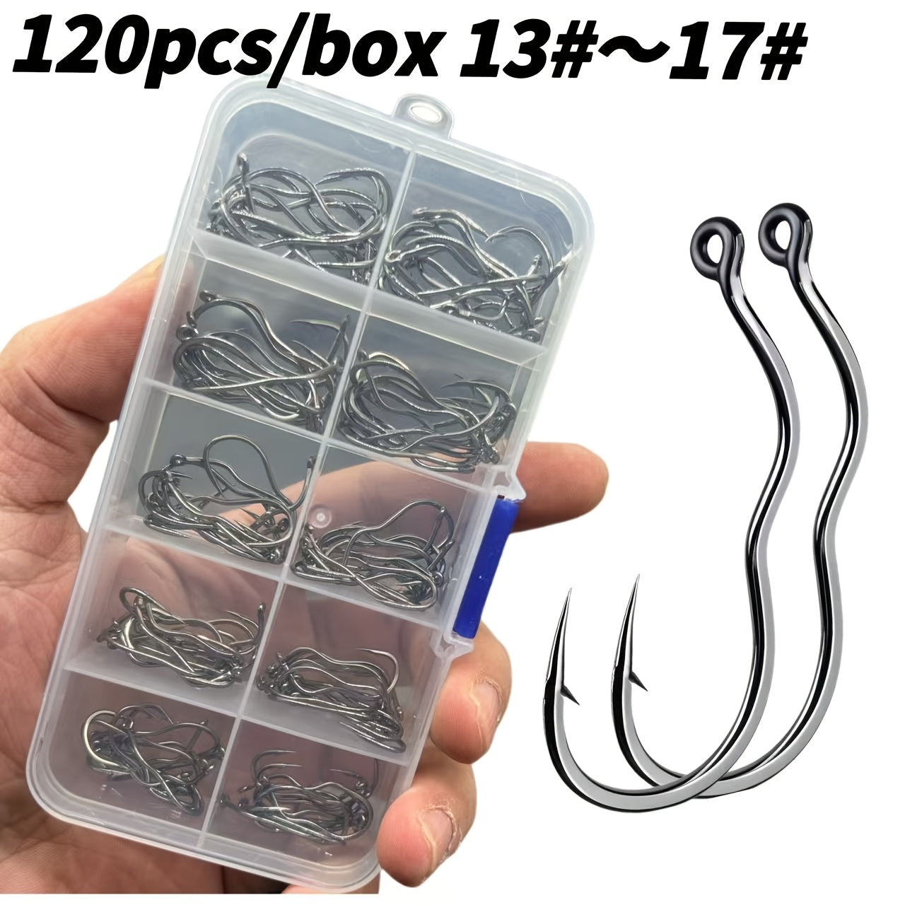 120pcs/box Circle Handle Automatic Flip Fish Hooks No. 13 No. 14 No. 15 No. 16 No. 17 with Large Genuine Tube, Reverse Stab, Anti-Running, and Barbs in Sea Fishing Hook Package.