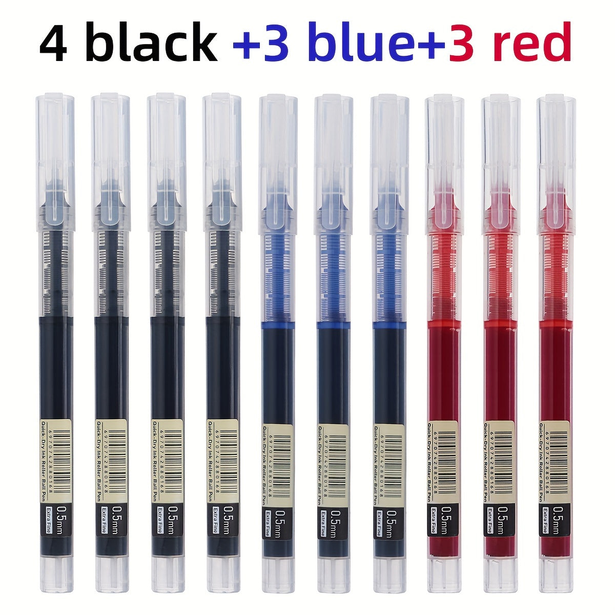 30pcs/10pcs direct liquid quick-drying ballpoint pens in black, blue, and red 0.5mm. School and office gel pens for homework and writing tasks.