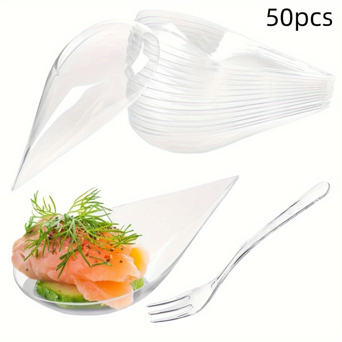 A set of 50 or 100 pieces of 10.16 cm mini appetizer plates and tasting forks, made of clear plastic. Ideal for serving appetizers, banquets, dinners, desserts, and tasting spoons in a teardrop shape.