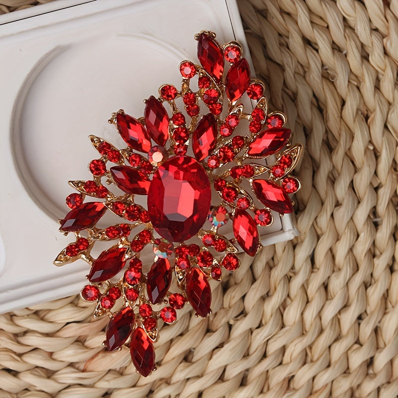 Extravagant Red Crystal Glass Brooch Pin with Large Floral Design, a Stylish Women's Fashion Accessory