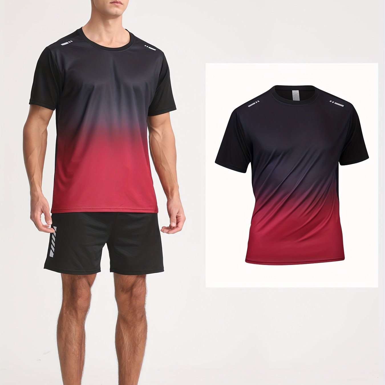 Men's Gradient Color Short Sleeve T-Shirt in Black to Blue Gradient, made of lightweight polyester material. Features a round neck, machine washable, and a loose fit for casual attire.