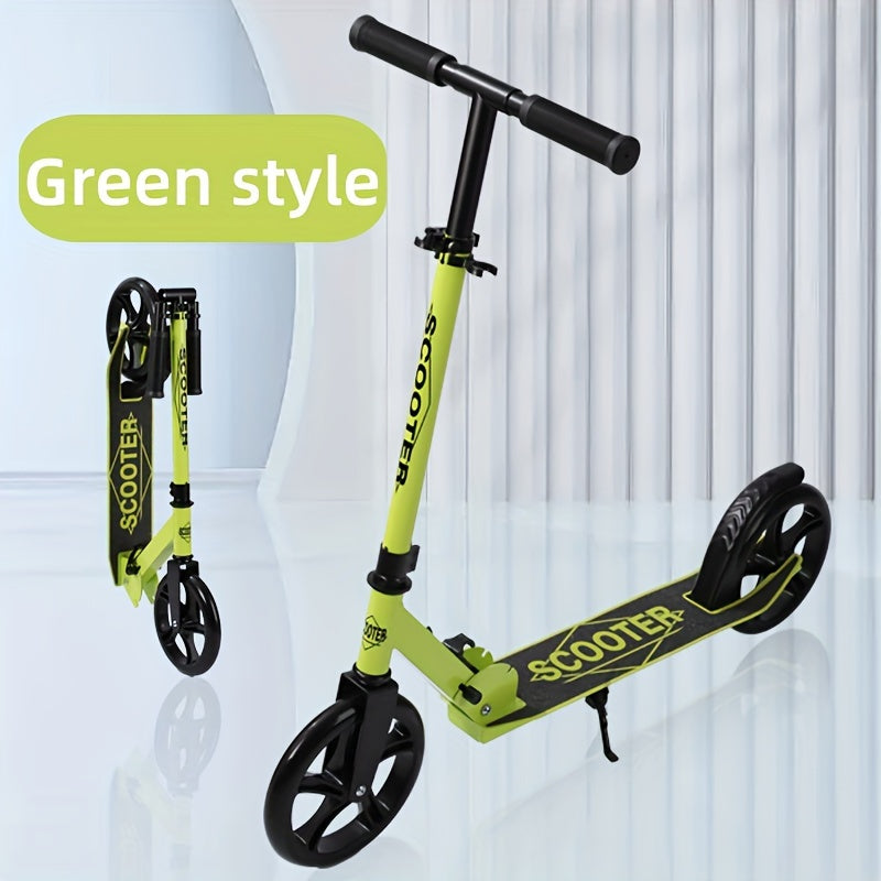 Adult kick scooter with iron frame, foldable design, rear brake, front suspension, anti-slip solid tires, adjustable height - ideal for commuters ages 14+ with maximum load of 100kg.