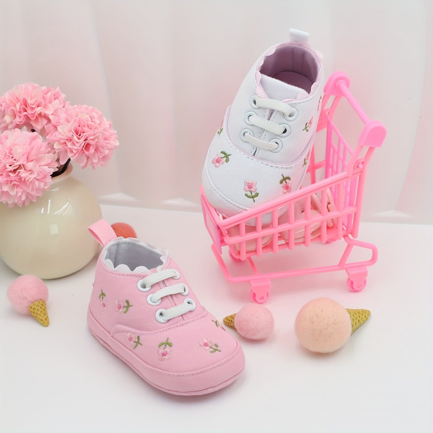 RABEISIR Floral Baby Girl First Walker Shoes in various colors, with soft sole Mary Jane style for parties and leisure activities.