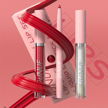 3-piece lip set with durable, waterproof, and sweat resistant formulas that are easy to apply and long-lasting. Includes lip gloss, lip liner, and lip glaze for a matte finish.