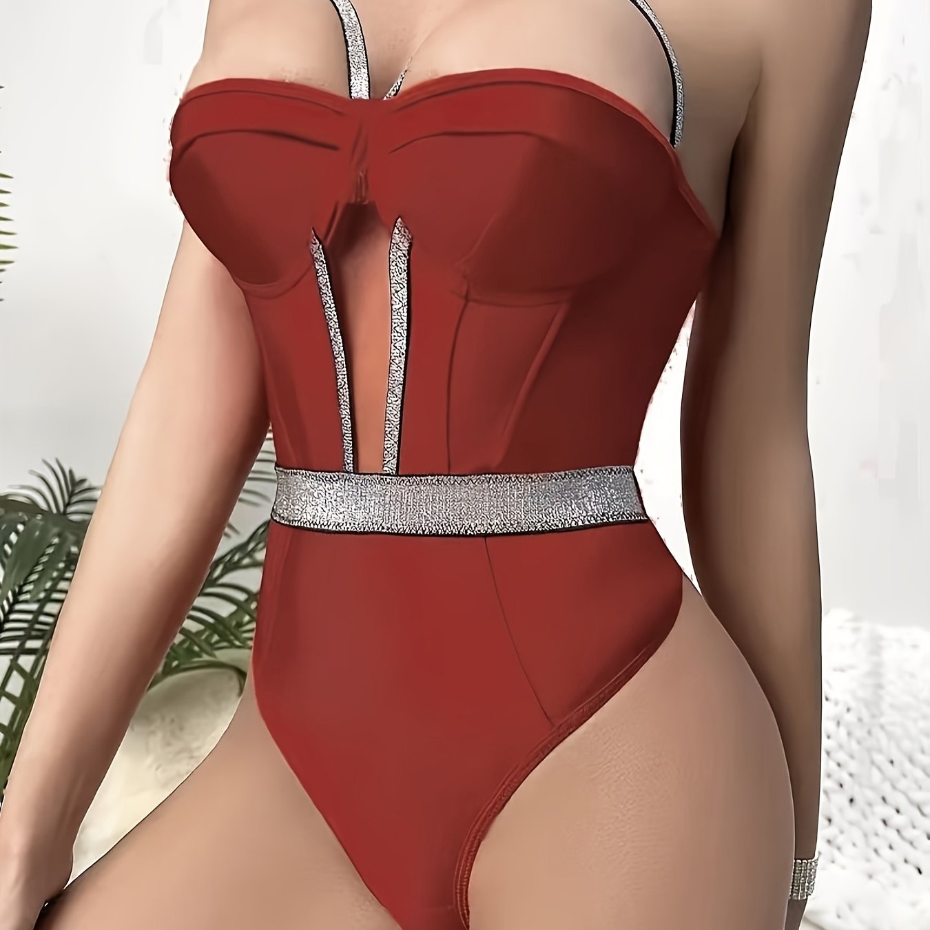 Shiny Strap Bodycon Bodysuit - Lingerie and Underpants Not Included