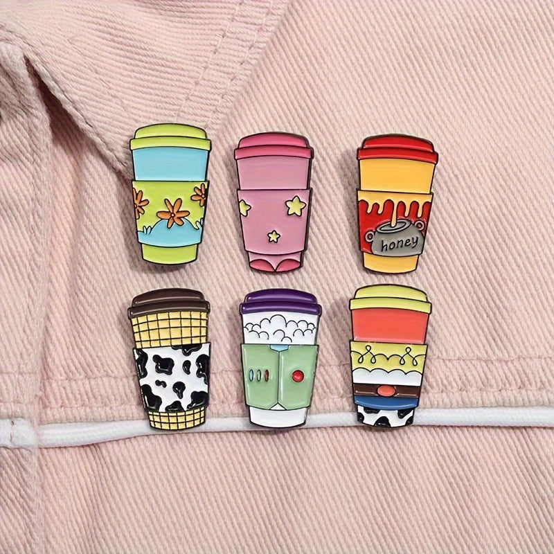 Set of 9 adorable cartoon coffee cup brooches - made of alloy, featuring a fun and simple design to add flair to your clothing accessories