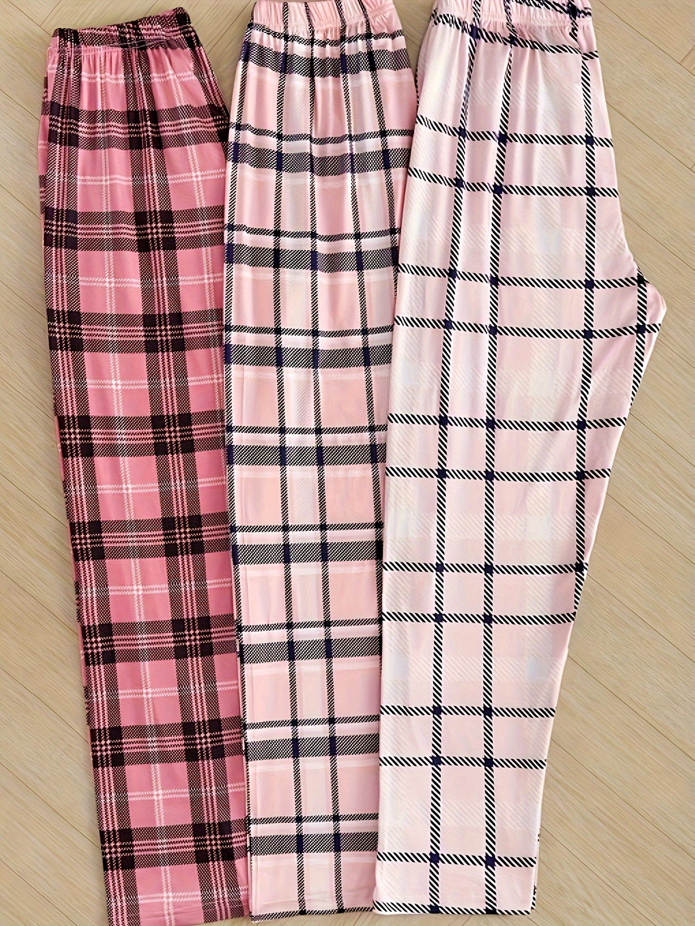 3 Plaid Lounge Bottoms with Elastic High Waist for Women's Sleepwear & Loungewear