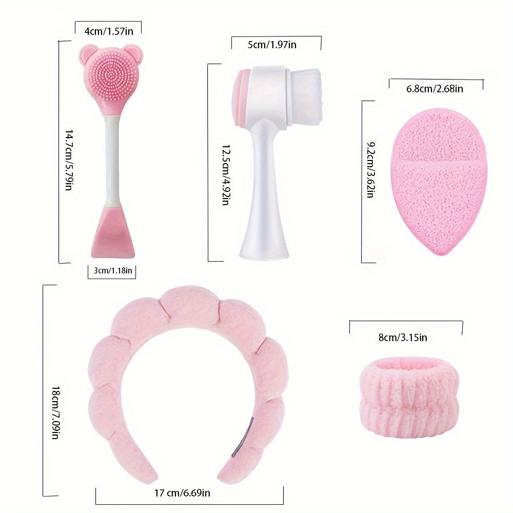 6-piece hypoallergenic silicone facial care set includes deep cleansing spa mask brush kit, soft plush headband, gentle exfoliating scrubbers, and portable skincare tools. Ideal gift for