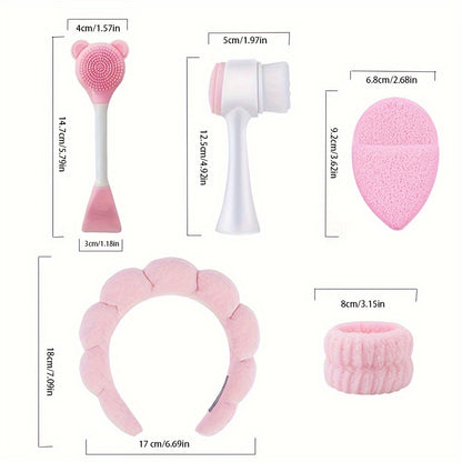 6-piece hypoallergenic silicone facial care set includes deep cleansing spa mask brush kit, soft plush headband, gentle exfoliating scrubbers, and portable skincare tools. Ideal gift for