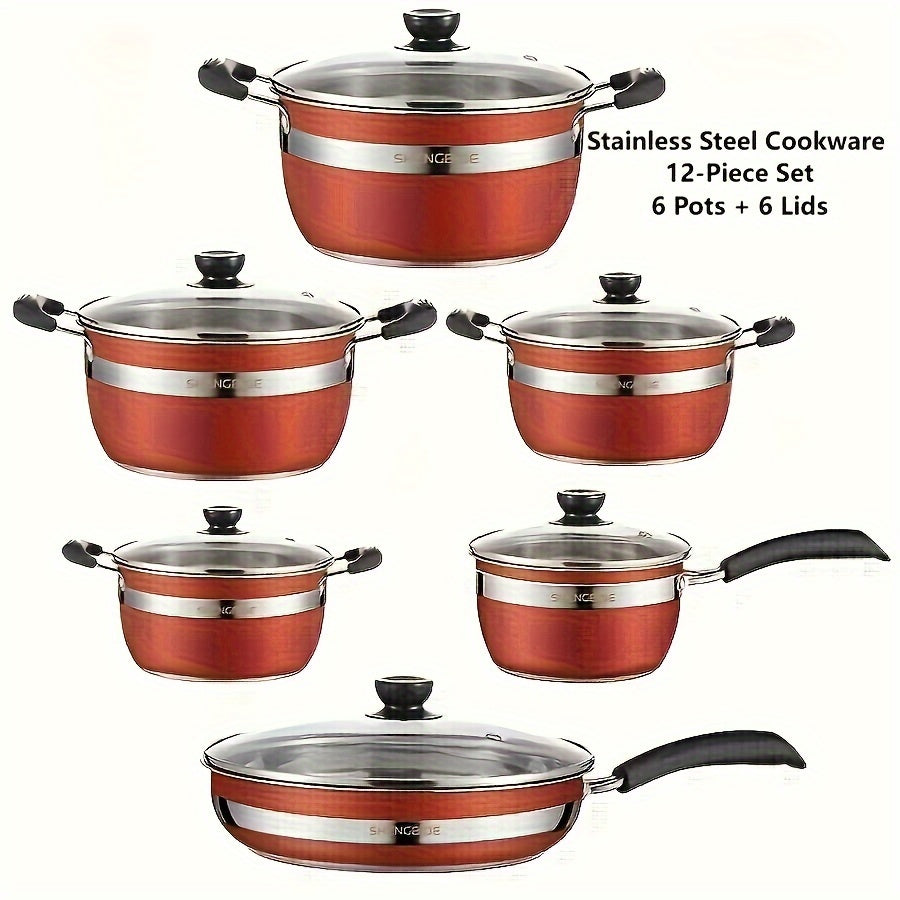 This set includes 12 pieces of stainless steel cookware: 4 pots, 1 frying pan, 1 milk pot, and 6 lids. The pots have a thickened composite bottom for uniform and fast heat conduction. They are suitable for use at home, in accommodations, while dining, or