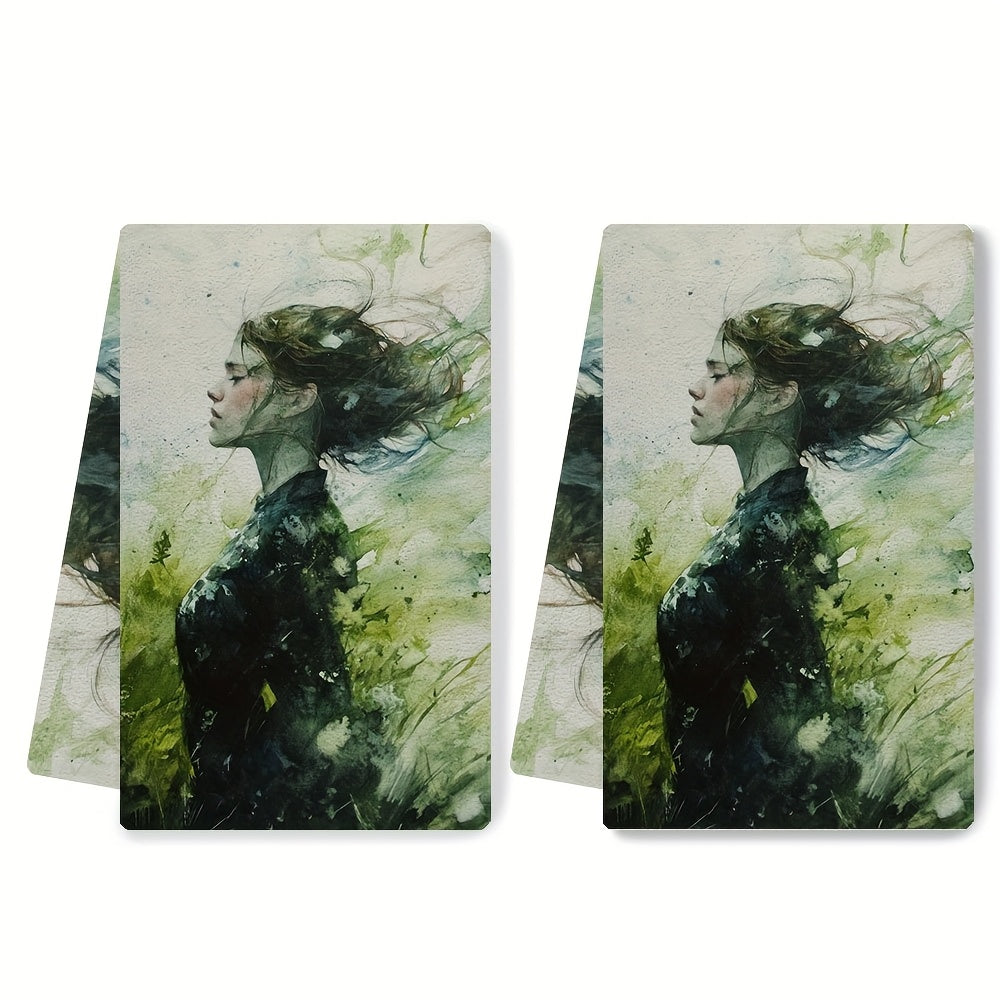 Pair of 2, Luxuriously Soft Kitchen Towels in Verdant Wind, Exceptionally Absorbent Dish and Hand Towels for Festive Decor, Safe for Machine Washing, Dimensions 40.64X60.96 cm.