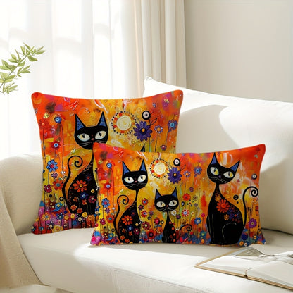 Folk art style black cat throw pillow cover with sun and flowers design. Made of 100% polyester, hand wash only. Features zipper closure, suitable for couch, sofa, living room, bedroom. Available in two sizes: 29.97cm X 50.04cm and 44.96cm X 44.96cm.