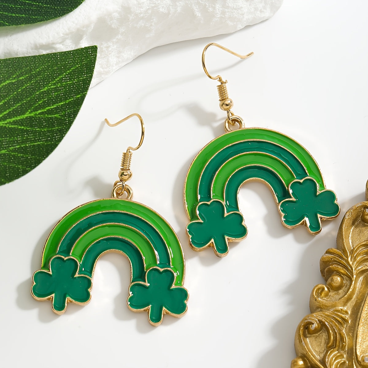 St. Patrick's Day Charm Earrings featuring a Lucky Clover and Rainbow Design adorned with Sparkling Rhinestones. Made with Stainless Steel Posts, these Earrings are crafted from Alloy, making them a Perfect Gift for Her. In Irish Green, Lip-shaped, Oil